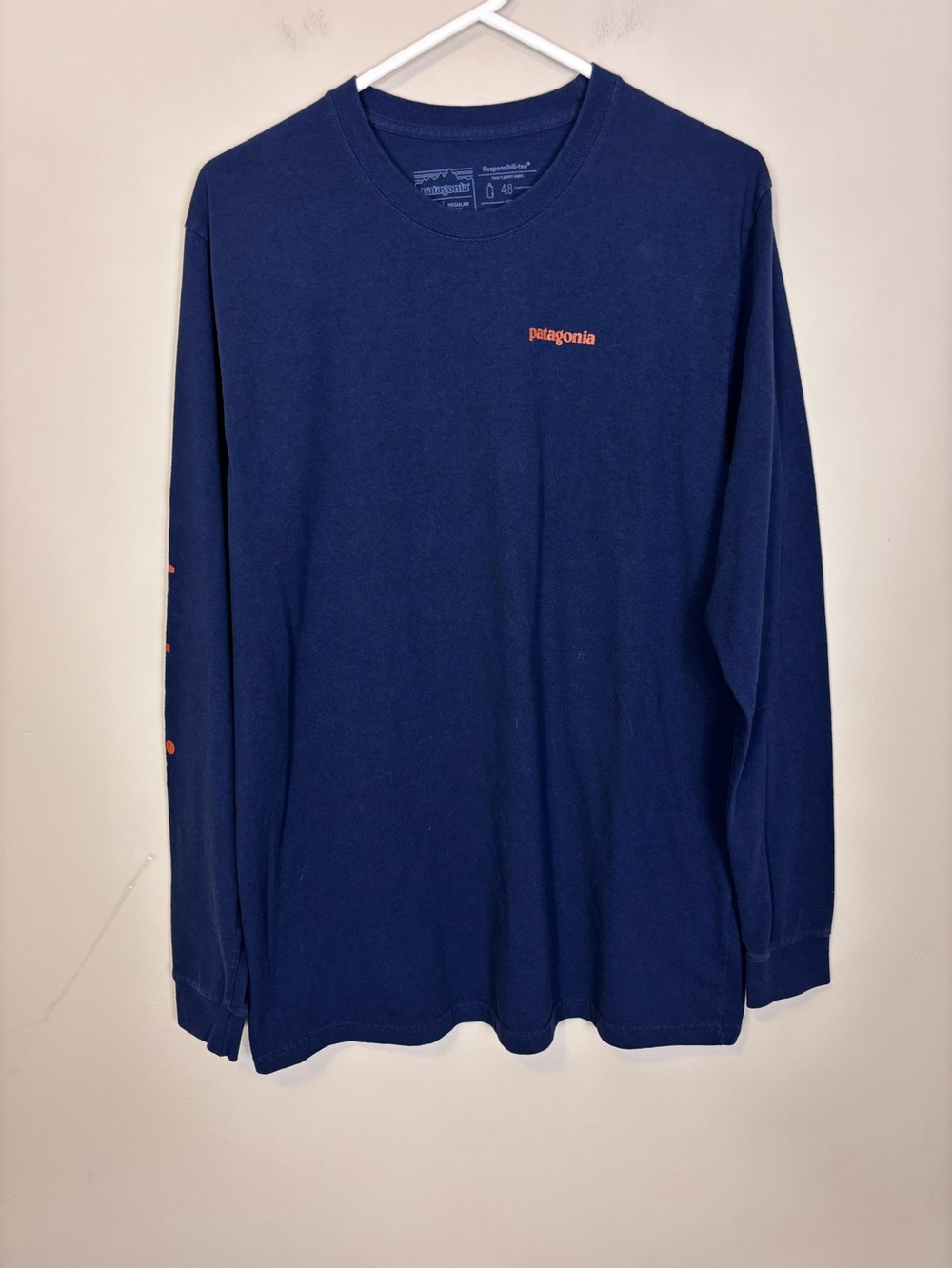 Patagonia Navy Long-Sleeve Crew with Orange Logo Detail Men’s Large